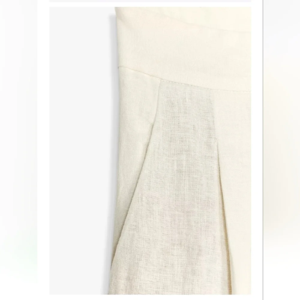 Zara Zw Collection 100% Linen Wide Leg Cream Cropped Pleated Pants Sz-L